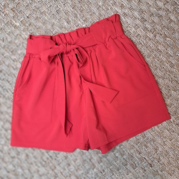 GRACE KARIN TIE WAIST PAPERBAG SHORTS WITH POCKETS, RED L - Picture 5 of 8